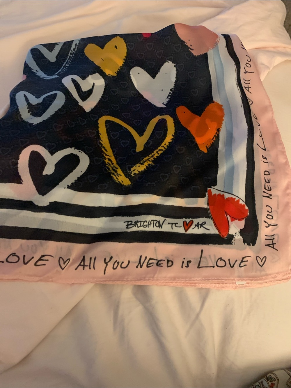 Brighton Navy Scarf with Pink, Yellow and Orange Hearts